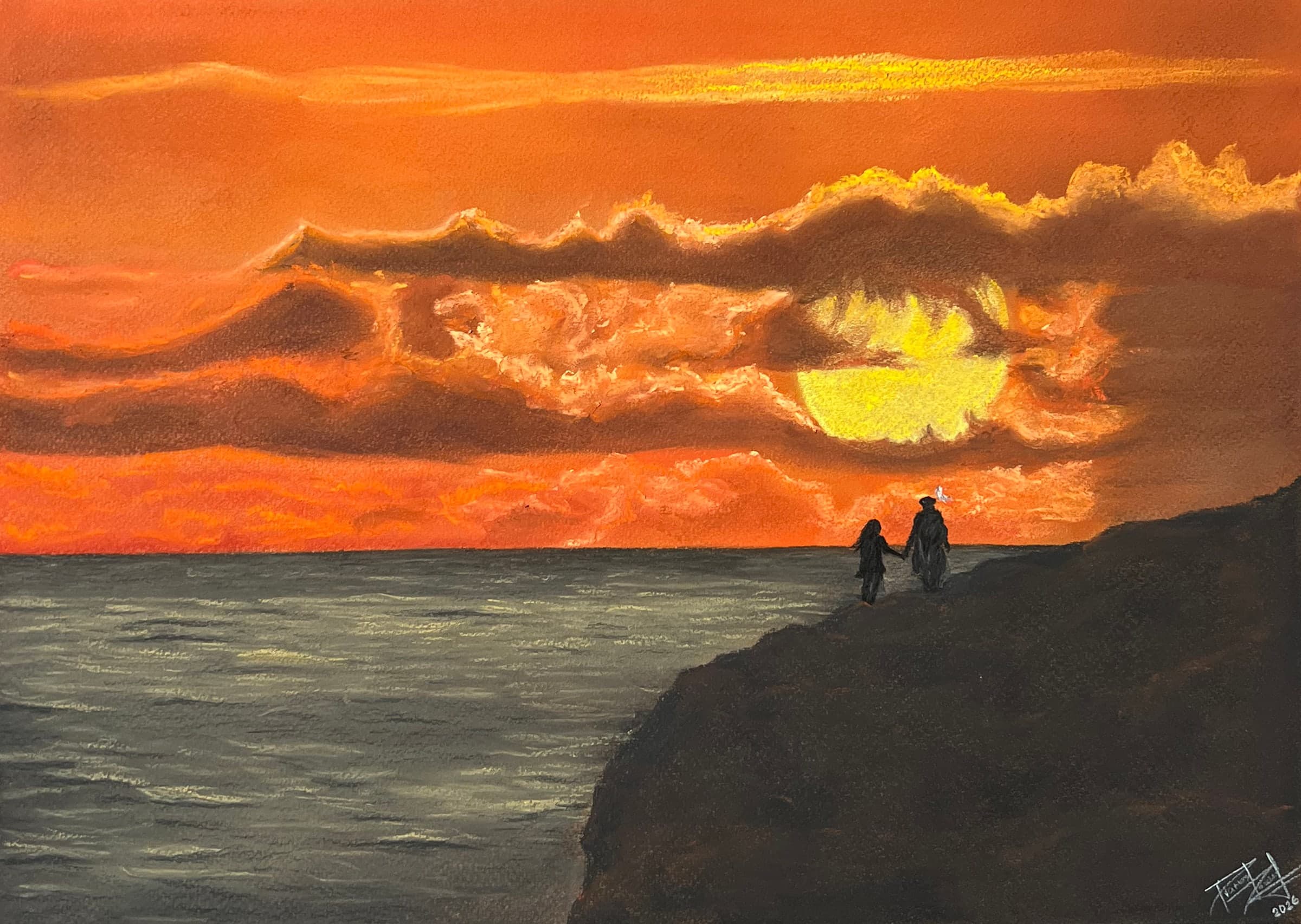 Two small figures stand hand in hand on a dark cliff above a grey sea as an enormous orange sun sinks behind banks of burning cloud.