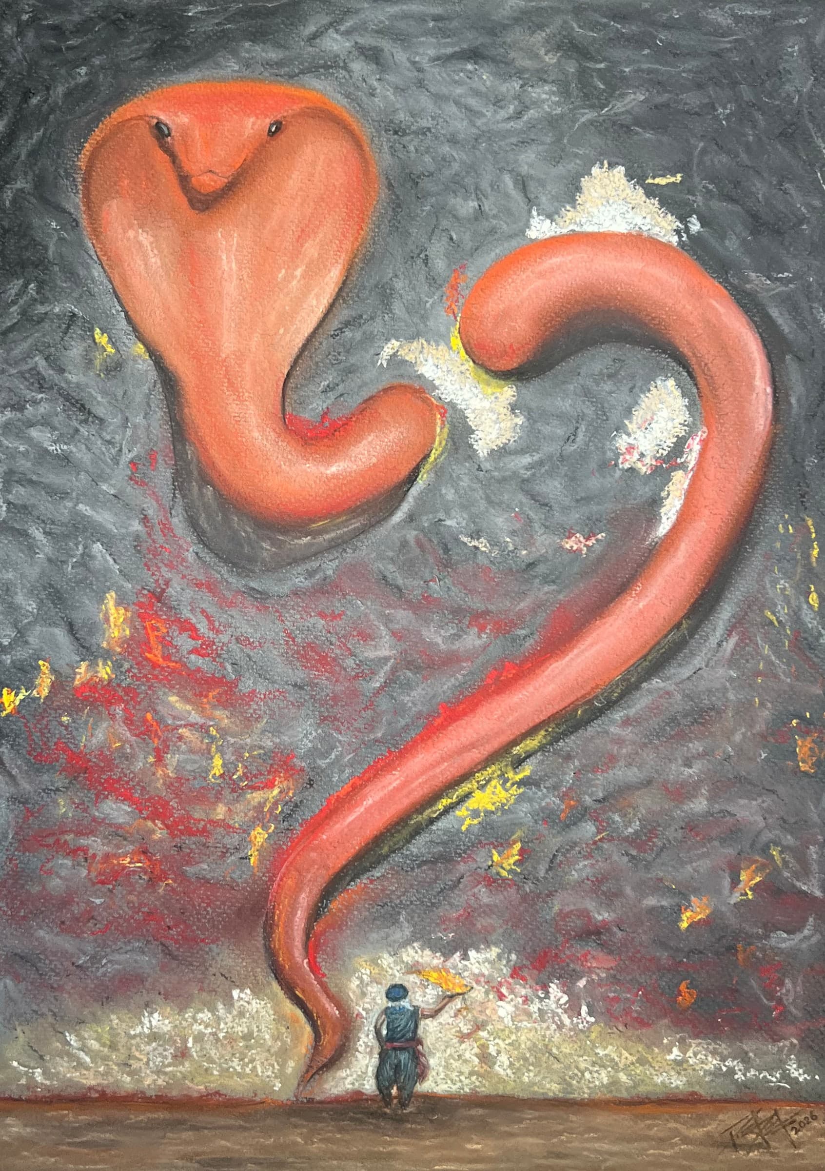 A huge coral-red serpent coils up through a dark, stormy sky scattered with sparks, above a small figure holding a flame.