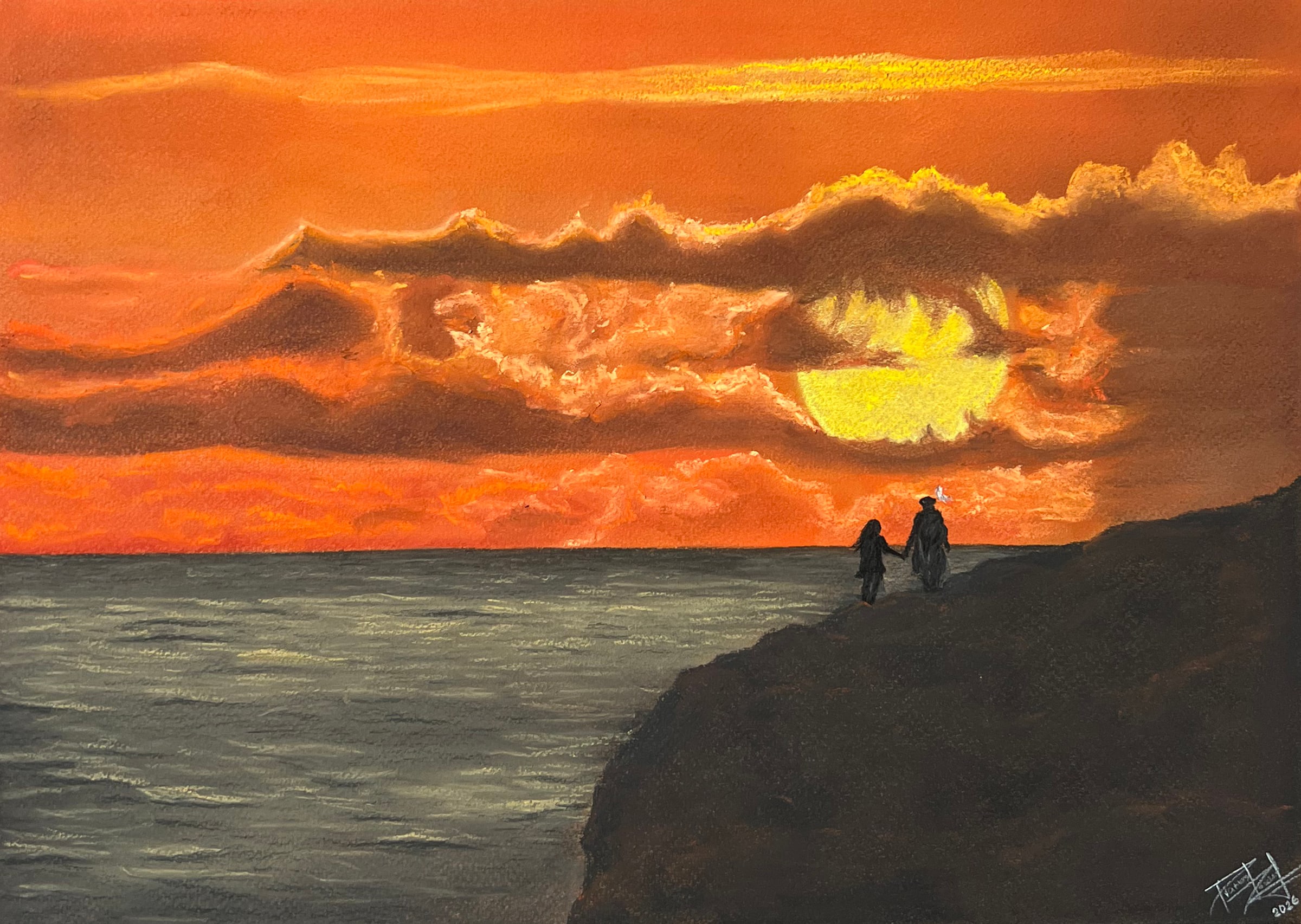 Two small figures stand hand in hand on a dark cliff above a grey sea as an enormous orange sun sinks behind banks of burning cloud.